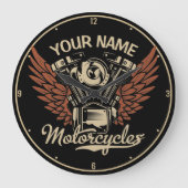パーソナライズバイクもしくは自転車に乗る人モーターサイクルモーターウィングガレージ ラージ壁時計 (正面)
