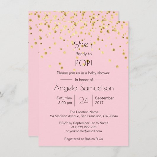 パーソナライズピンクの金ゴールドのベビーシャワーをぽんと鳴らすために用意して下さい 招待状 (正面/裏面)
