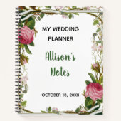 パーソナライズピンクローズミニマルフローラグリーンリーフ ノートブック (正面)