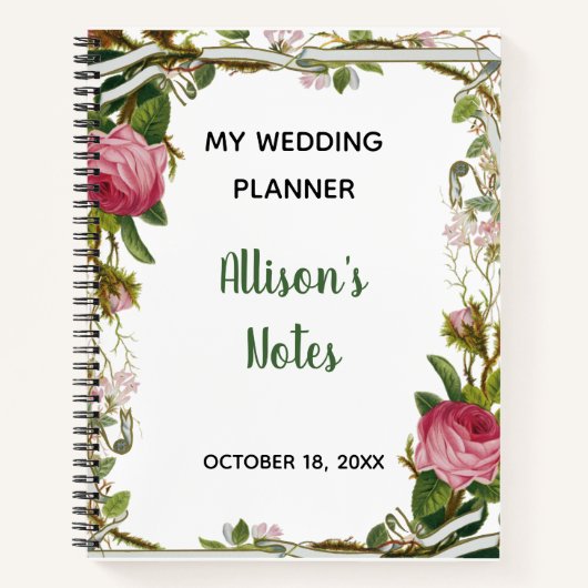 パーソナライズピンクローズミニマルフローラグリーンリーフ ノートブック (正面)