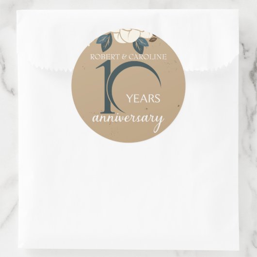 パーソナライズフラワーデザイン 10周年結婚記念日 ラウンドシール (バッグ)