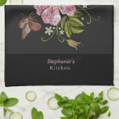 パーソナライズフローラ刺繍パターンブラックバックガー キッチンタオル (折り畳み)