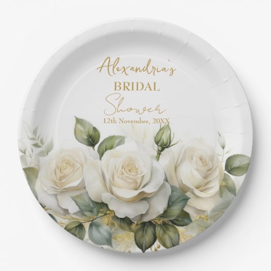 パーソナライズブライダルシャワーホワイトローズ ペーパープレート (正面)
