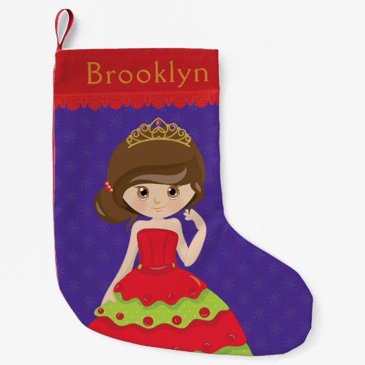 パーソナライズブルネットクリスマスプリンセス スモールクリスマスストッキング (正面)