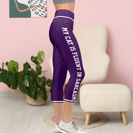 パーソナライズホワイトパープルおもしろい漫画スタイル猫テーマ カプリレギンス