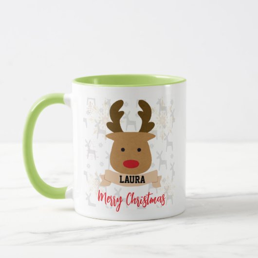 パーソナライズルドルフ・トナカイ 赤取っ手 クリスマス マグカップ (左)