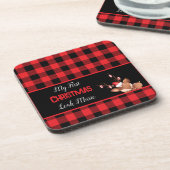 パーソナライズレッドブラックバッファローチェックwかわいいトナカイ コースター (左側)