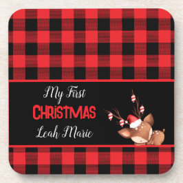 パーソナライズレッドブラックバッファローチェックwかわいいトナカイ コースター