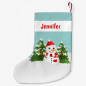 パーソナライズ可能な名前が赤い可愛らしい漫画雪だるま スモールクリスマスストッキング (裏面)