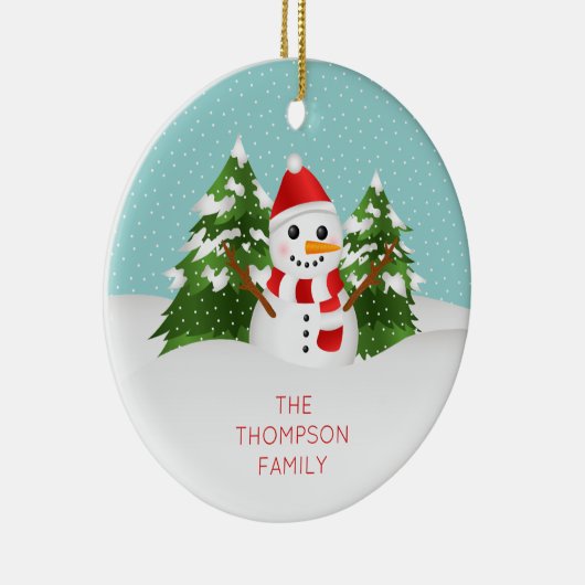 パーソナライズ可能な名前の雪だるまクリスマスを持つかわいいクリスマス セラミックオーナメント (右)