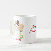 パーソナライズ名キッズのクリスマスのココアマグカップ雪だるま コーヒーマグカップ (正面左)