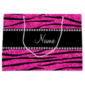 パーソナライズ名ネオンホットピンクグリッターゼブラ ラージペーパーバッグ (正面)
