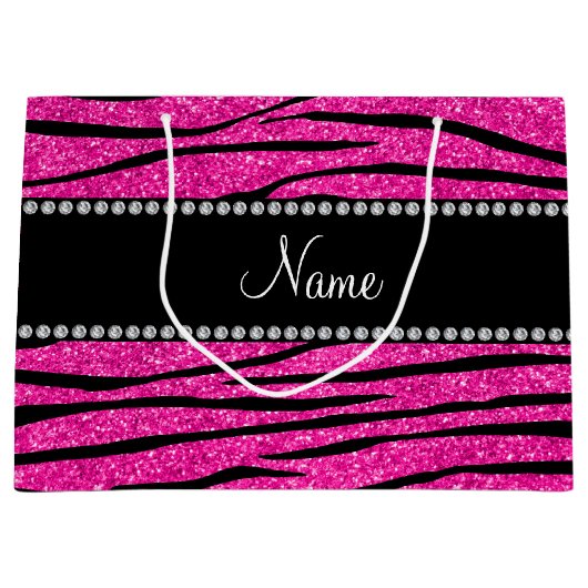 パーソナライズ名ネオンホットピンクグリッターゼブラ ラージペーパーバッグ (正面)