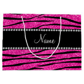 パーソナライズ名ネオンホットピンクグリッターゼブラ ラージペーパーバッグ (裏面)