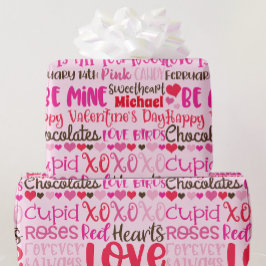 パーソナライズ名バレンタインデー赤ピンクハートWr ラッピングペーパー