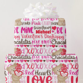 パーソナライズ名バレンタインデーTeddy Bearハート ラッピングペーパー