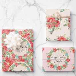 パーソナライズ名フラワーリース3春誕生日 ラッピングペーパーシート