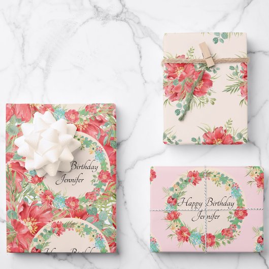 パーソナライズ名フラワーリース3春誕生日 ラッピングペーパーシート