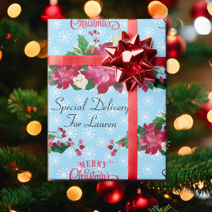 パーソナライズ名ポインセチア雪の結晶クリスマスW ラッピングペーパー