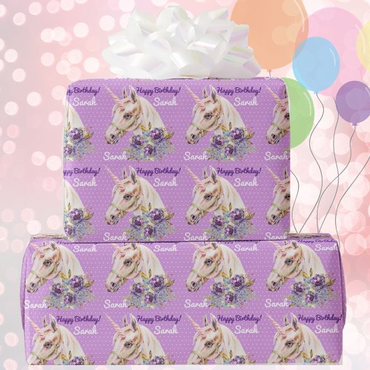 パーソナライズ名ユニコーンガールズ誕生日ギフト ラッピングペーパー