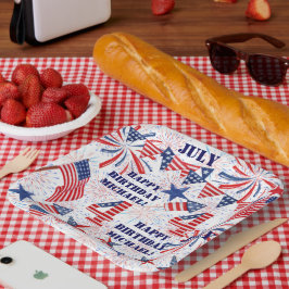 パーソナライズ名7月誕生日赤白青フラグ ペーパープレート