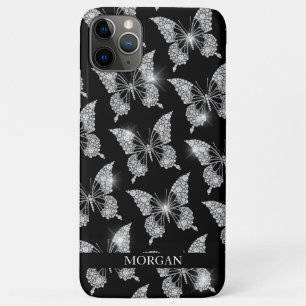 パーソナライズ名、ダイヤモンドバタフライパターン、黒 iPhone 11 PRO MAXケース