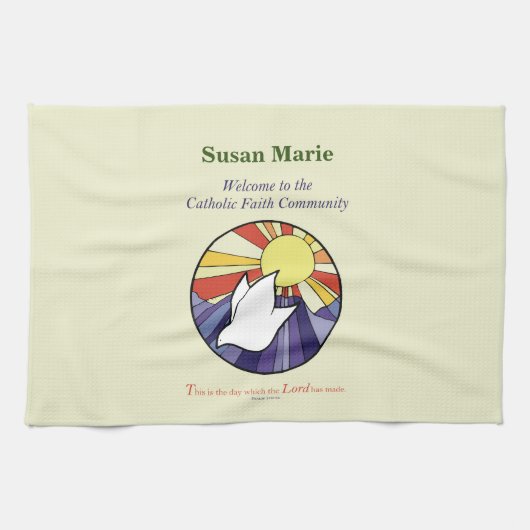 パーソナライズ名、黄色のRCIA鳩の円 キッチンタオル (横)