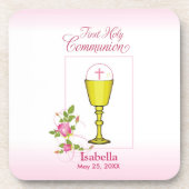 パーソナライズ女名ピンク最初の聖餐式 コースター (正面)