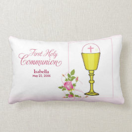 パーソナライズ女名ピンク最初の聖餐式 ランバークッション