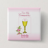 パーソナライズ女名ピンク最初の聖餐式 缶バッジ (正面)