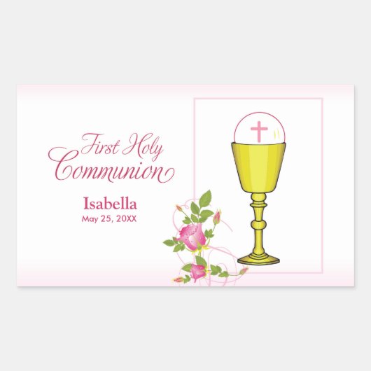 パーソナライズ女名ピンク最初の聖餐式 長方形シール (正面)