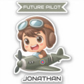 パーソナライズ未来の少年パイロットとビンテージ飛行機 シール (正面)