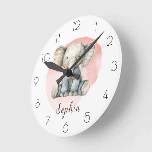 パーソナライズ水彩エレファント子供部屋ガールズルーム ラウンド壁時計 (傾斜)