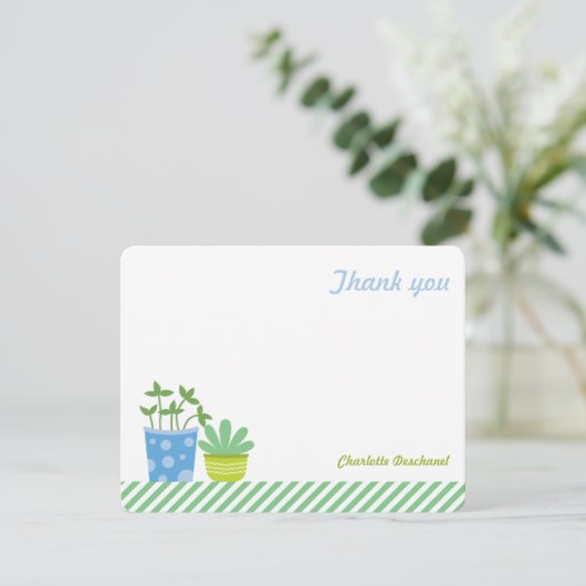 パーソナライズ注意しますレトロの真新しく青い植物にありがとう 招待状 (スタンド正面)