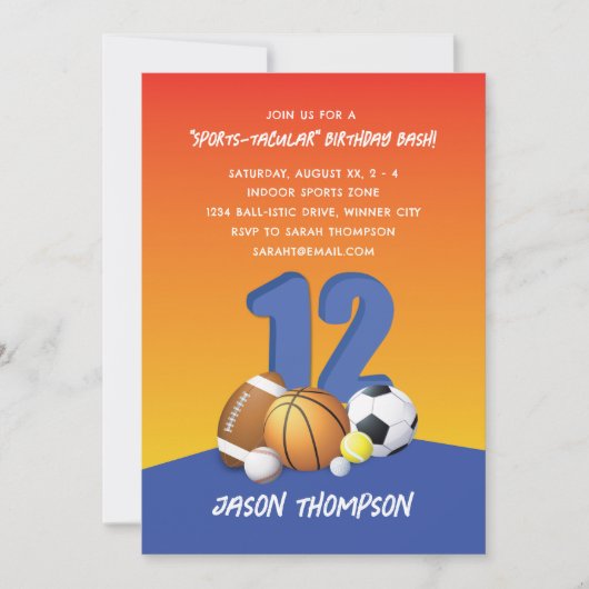 パーソナライズ男の子12番目の誕生日おもしろいスポーツボール 招待状 (正面)
