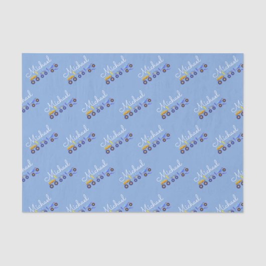 パーソナライズ男の赤ちゃん名トラックソフトブルー 薄葉紙 (正面)