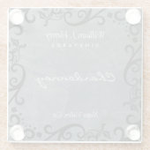 パーソナライズ石板及び黒スクロールワイングラスコア ガラスコースター (裏面)