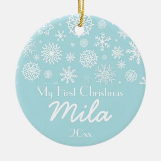 パーソナライズ私の初めてのクリスマスの冬の雪片1 セラミックオーナメント (正面)