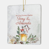 パーソナライズ私達の初めてのクリスマスは一緒に飾ります セラミックオーナメント (左)