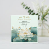 パーソナライズ結婚式を保存する日付ロータス金ゴールド セーブザデート (スタンド正面)