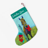 パーソナライズ茶色の馬の赤い弓クリスマスストッキング スモールクリスマスストッキング (裏面 (吊り時))