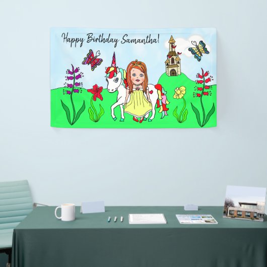 パーソナライズ誕生日バナープリンセスとユニコーン 横断幕 (トレードショー)