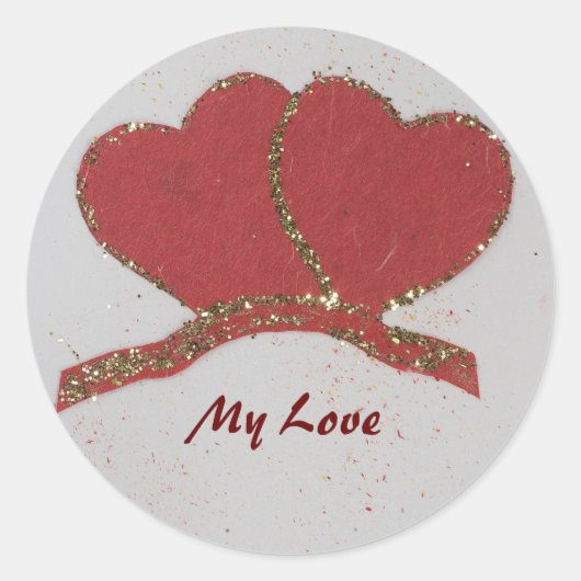 パーソナライズ赤いハート金ゴールド輝くバレンタイン ラウンドシール (正面)