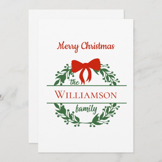 パーソナライズ赤い緑のリース家族の名前クリスマス シーズンカード (正面/裏面)