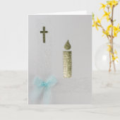 パーソナライズ金ゴールドキャンドル、聖なる十字架、青い弓 カード (黄色い花)