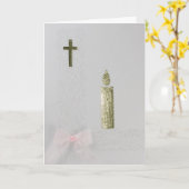 パーソナライズ金ゴールド聖十字、ろうそく、ピンクの弓 カード (黄色い花)
