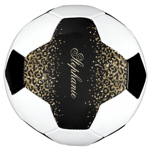 パーソナライズ黒金ゴールドヒョウ印刷グリッター女の子 サッカーボール (回転)