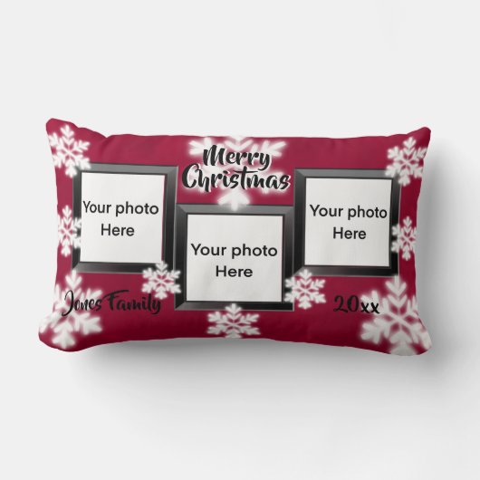 パーソナライズ3フォトホリデー応援雪 ランバークッション (正面)