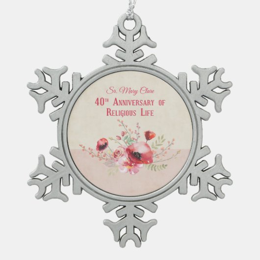 パーソナライズ40周年記念の修道女、ピンクと スノーフレークピューターオーナメント (正面)