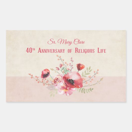 パーソナライズ40周年記念の修道女、ピンクと 長方形シール (正面)